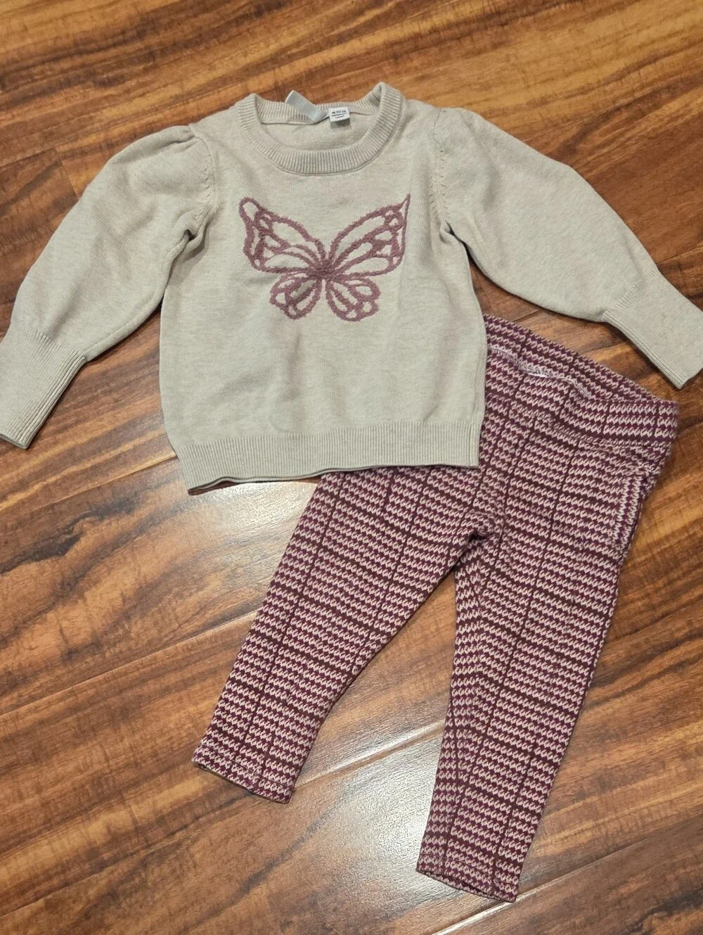 Janie and Jack EUC 18-24 Months Beige Butterfly Sweater & Plum Plaid Ponte Pants